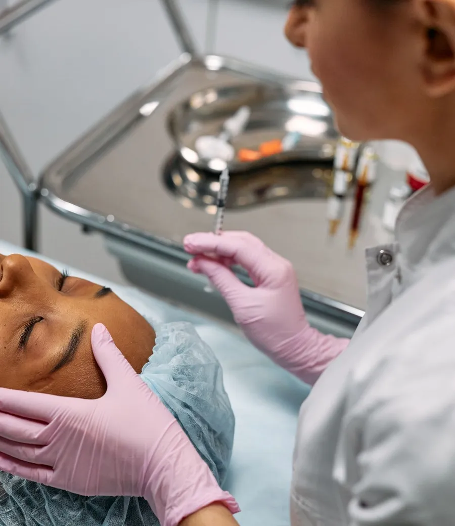 Profissional avaliando o rosto de uma paciente negra antes de um procedimento